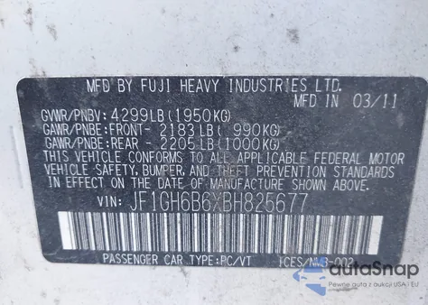 2011 Subaru Impreza 2.5I Premium from USA, damaged, VIN JF1GH6B6XBH825677